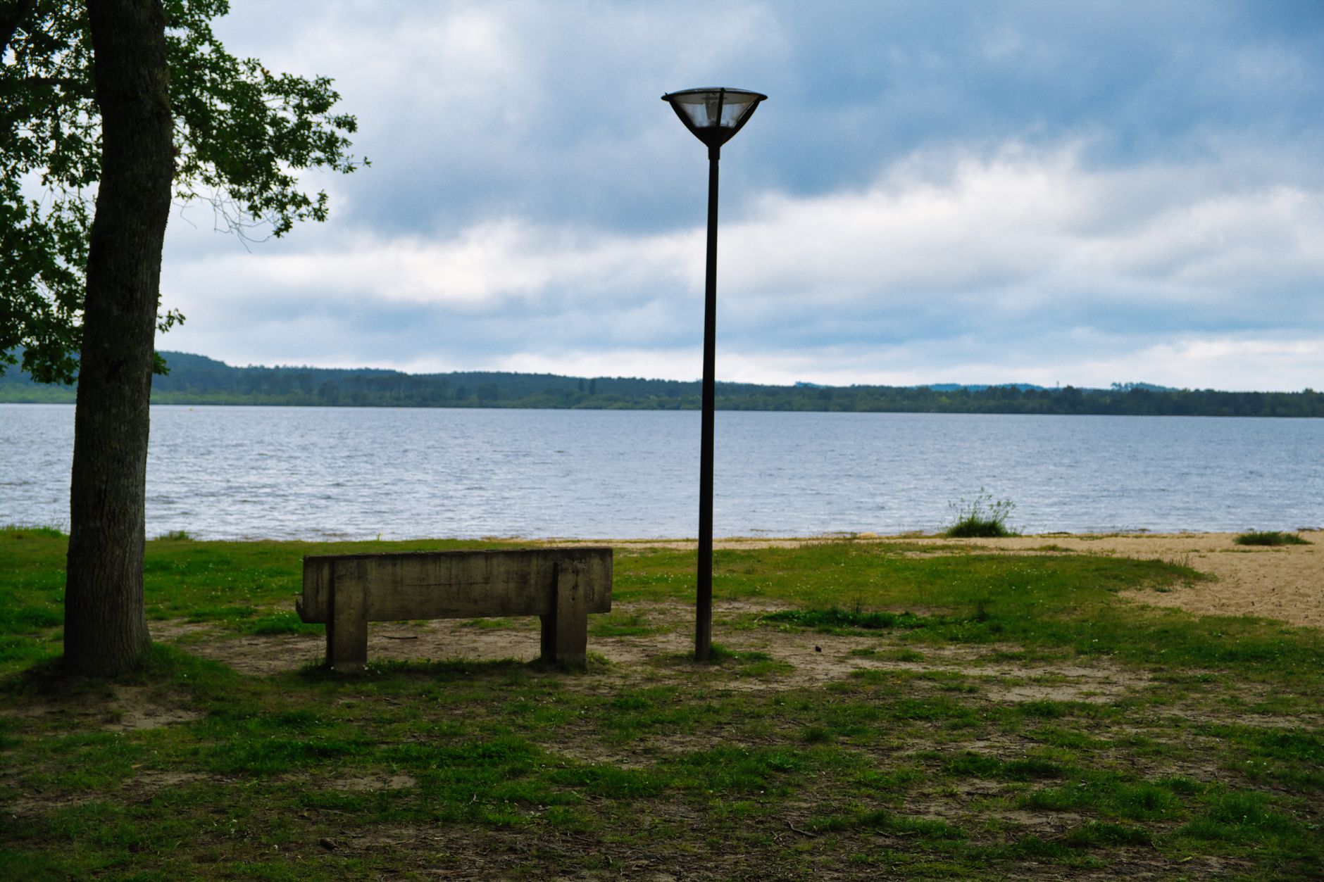 Peaceful lakeside park scene featuring a wooden bench and street lamp under cloudy skies.